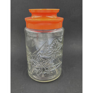 MCM Vtg Tang Glass Jar DAFFODILS FLOWER Anchor Hocking Orange Plastic Lid